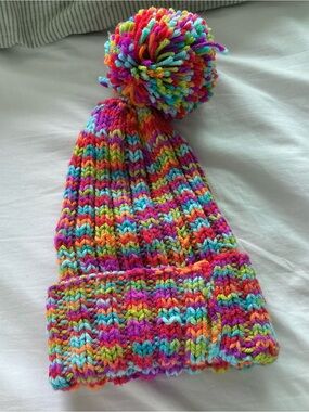 Multicolour rainbow Pom Pom Beanie toque winter knitted Hat adult womens